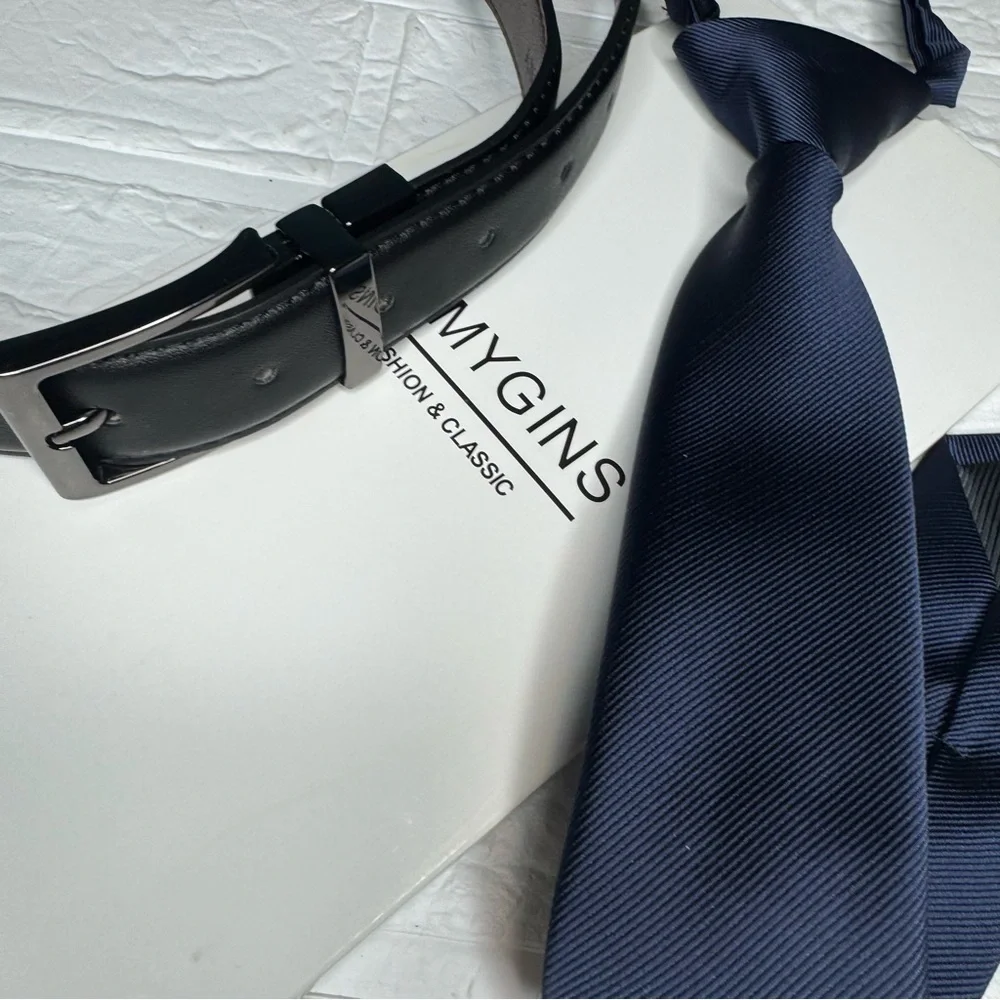 Navy Blue Tie and Black/Brown Belt Set for Kids 8yo